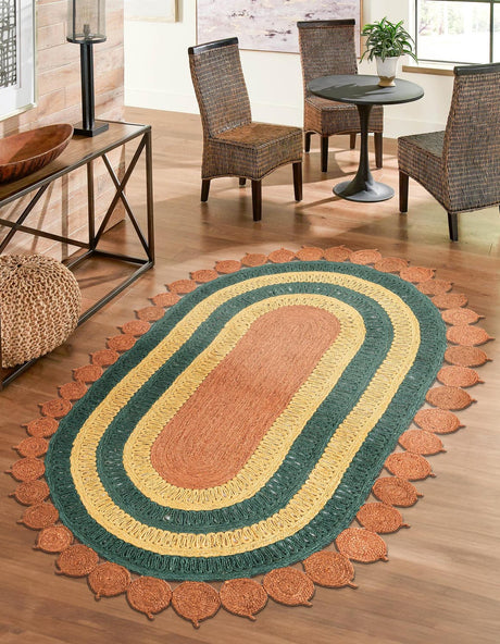 Orange Green Yellow 5' 1 x 8' Braided Jute Oval Rug