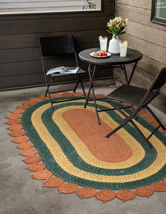 Orange Green Yellow 5' 1 x 8' Braided Jute Oval Rug
