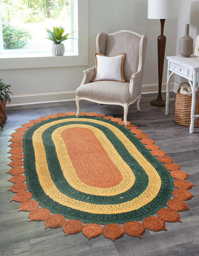 Orange Green Yellow 5' 1 x 8' Braided Jute Oval Rug