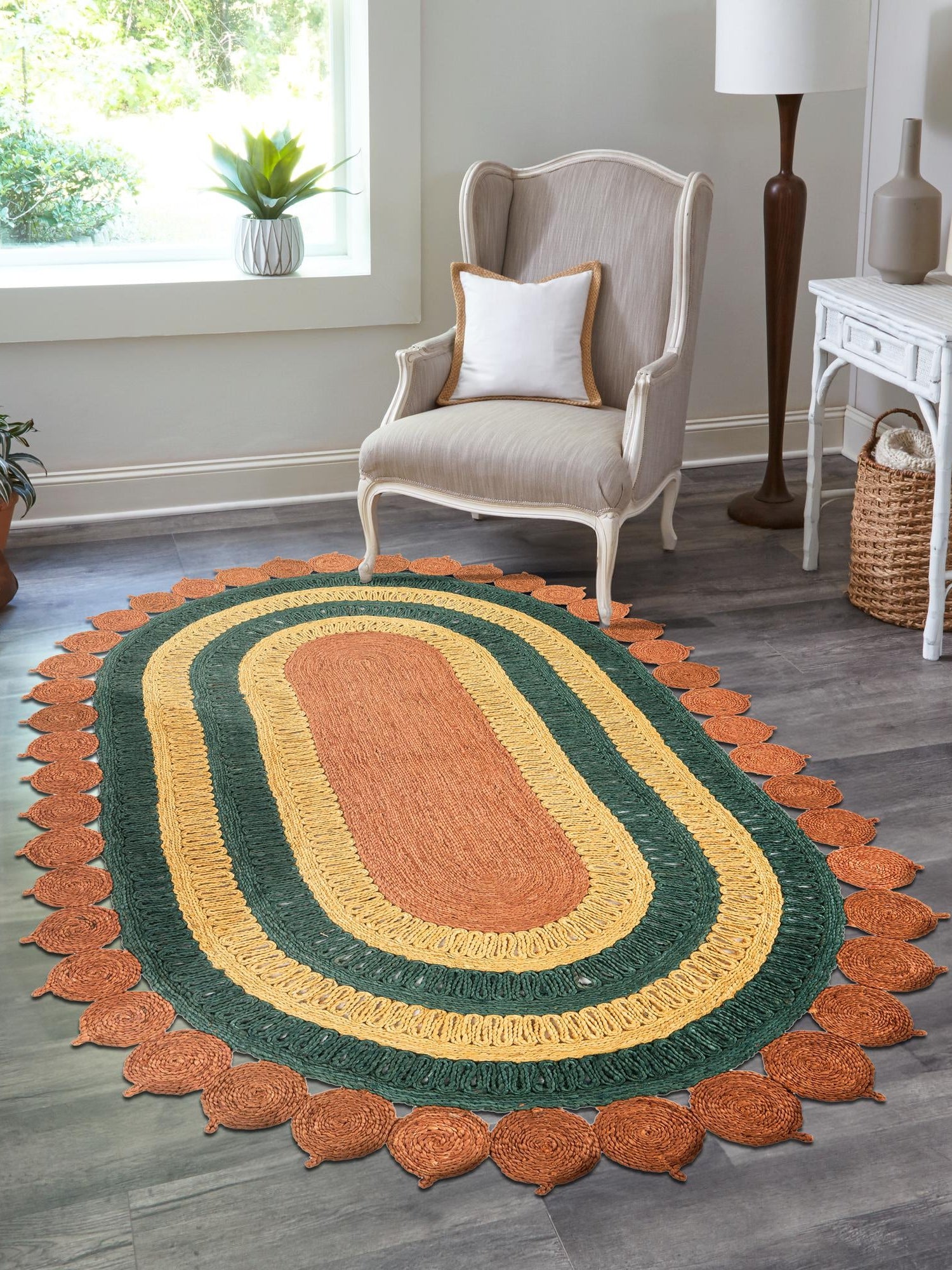 Orange Green Yellow 2' x 3' 1 Braided Jute Oval Area Rug 100% Jute Hand Braided Natural Eco-Friendly Boho Style Carpet for Living Rooms Dining Office Space Dorms for Sale at Rug Engine
