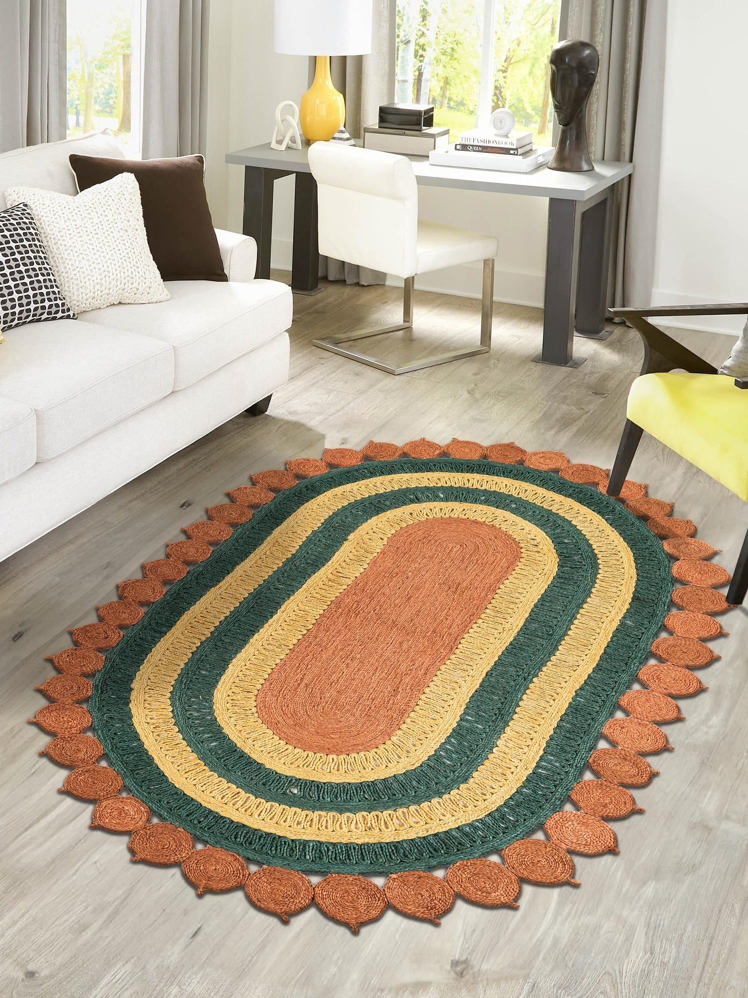 Orange Green Yellow 4' 1 x 6' 1 Braided Jute Oval Area Rug 100% Jute Hand Braided Natural Eco-Friendly Boho Style Carpet for Living Rooms Dining Office Space Dorms for Sale at Rug Engine