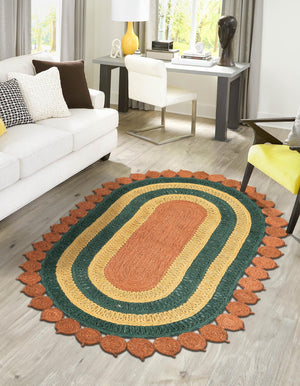 Orange Green Yellow 5' 1 x 8' Braided Jute Oval Rug