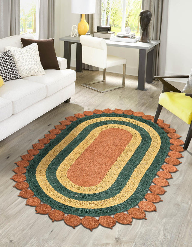 Orange Green Yellow 5' 1 x 8' Braided Jute Oval Rug