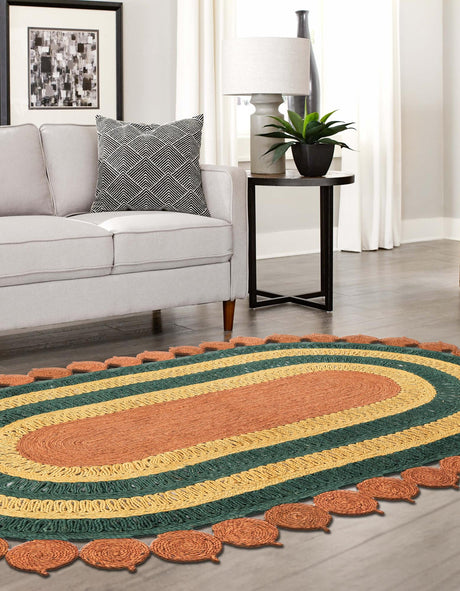 Orange Green Yellow 3' 1 x 5' 1 Braided Jute Oval Area Rug 100% Jute Hand Braided Natural Eco-Friendly Boho Style Carpet for Living Rooms Dining Office Space Dorms for Sale at Rug Engine
