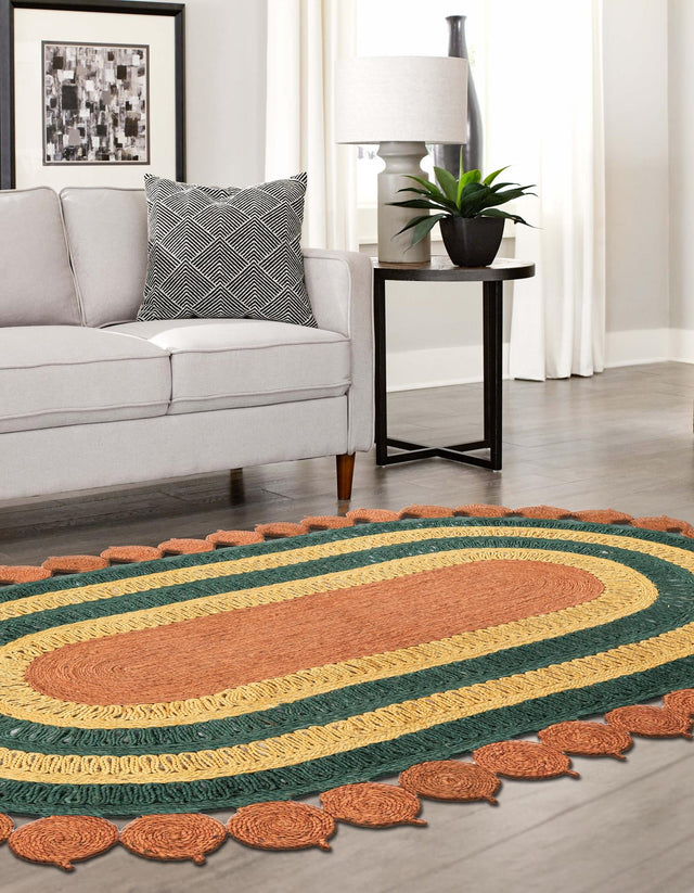Orange Green Yellow 5' 1 x 8' Braided Jute Oval Rug