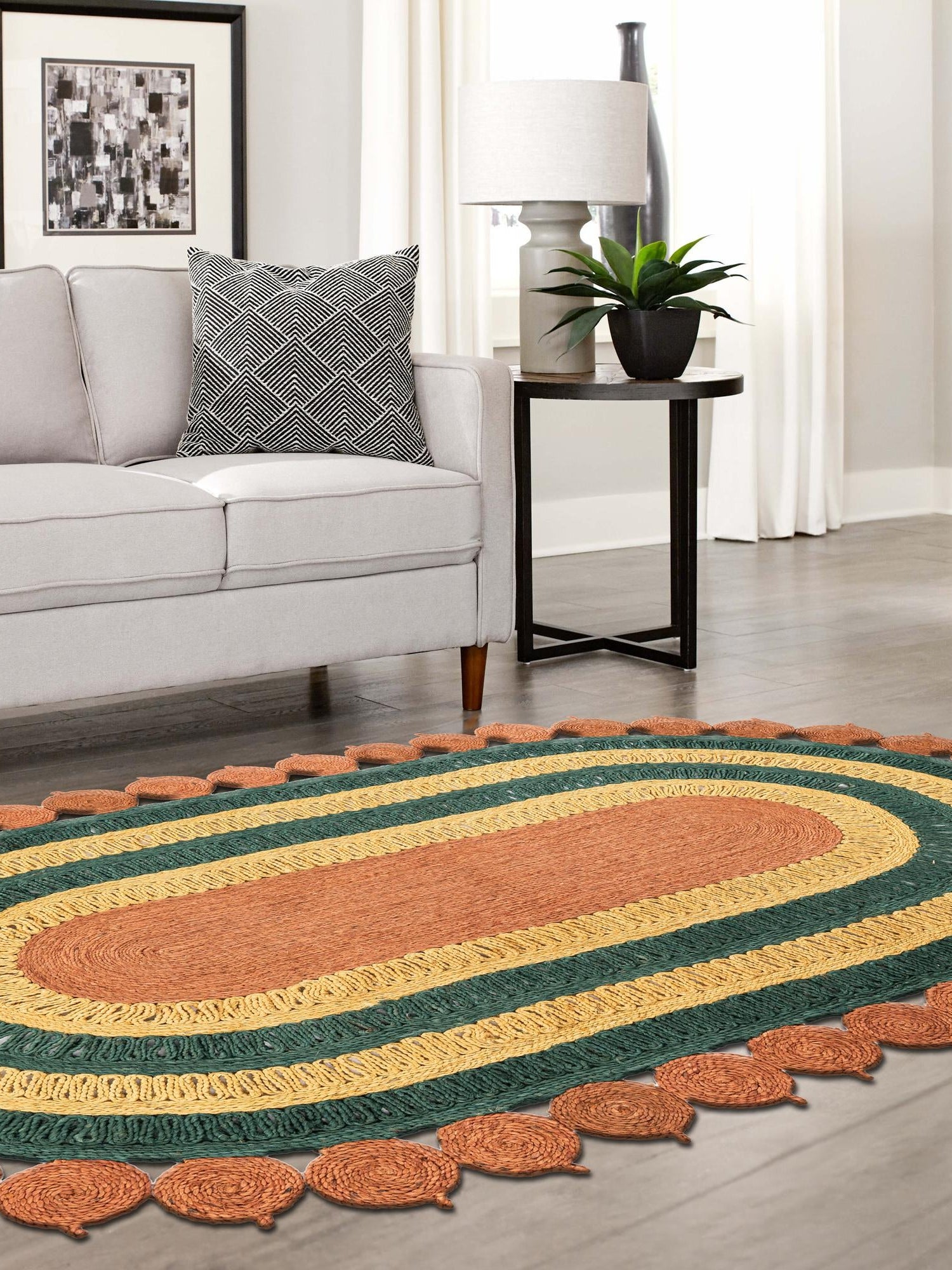 Orange Green Yellow 2' x 3' 1 Braided Jute Oval Area Rug 100% Jute Hand Braided Natural Eco-Friendly Boho Style Carpet for Living Rooms Dining Office Space Dorms for Sale at Rug Engine