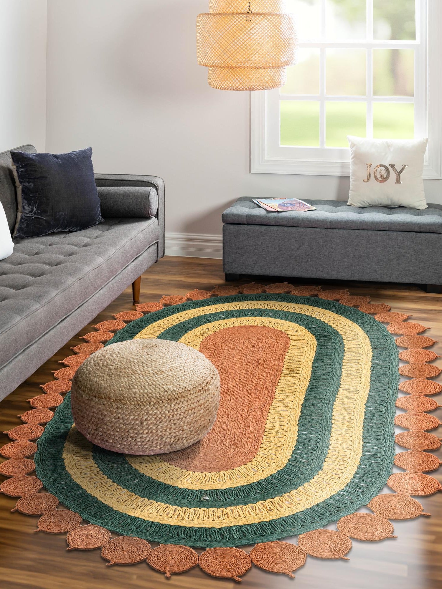 Orange Green Yellow 2' x 3' 1 Braided Jute Oval Area Rug 100% Jute Hand Braided Natural Eco-Friendly Boho Style Carpet for Living Rooms Dining Office Space Dorms for Sale at Rug Engine
