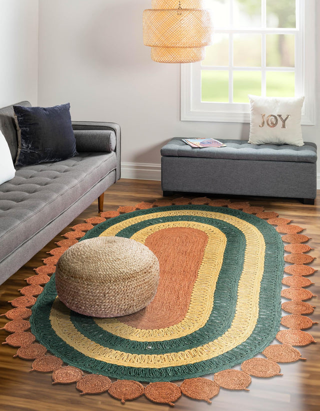 Orange Green Yellow 5' 1 x 8' Braided Jute Oval Rug