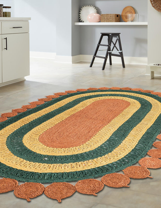 Orange Green Yellow 5' 1 x 8' Braided Jute Oval Rug