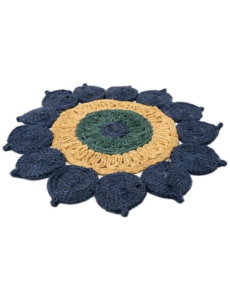 Navy Blue Yellow Green 2' x 2' Braided Jute Round Rug