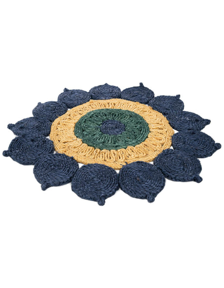 Navy Blue Yellow Green 2' x 2' Braided Jute Round Area Rug 100% Jute Hand Braided Natural Eco-Friendly Boho Style Carpet for Living Rooms Dining Office Space Dorms for Sale at Rug Engine