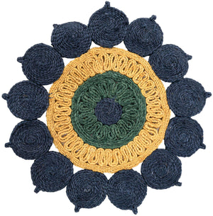 Navy Blue Yellow Green 2' x 2' Braided Jute Round Rug