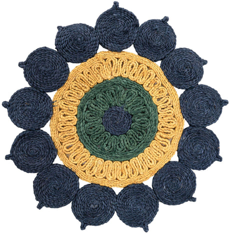 Navy Blue Yellow Green 2' x 2' Braided Jute Round Rug