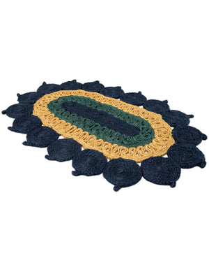 Navy Blue Yellow Green 2' x 3' 1 Braided Jute Oval Rug
