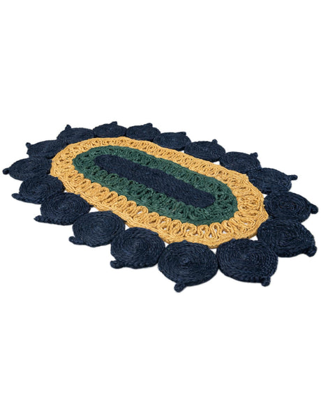 Navy Blue Yellow Green 2' x 3' 1 Braided Jute Oval Rug