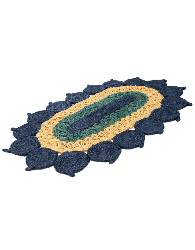 Navy Blue Yellow Green 2' x 3' 1 Braided Jute Oval Rug