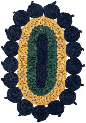 Navy Blue Yellow Green 2' x 3' 1 Braided Jute Oval Rug