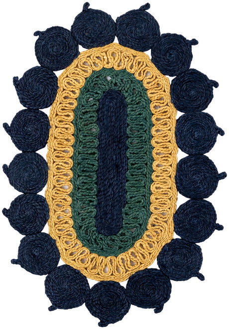 Navy Blue Yellow Green 2' x 3' 1 Braided Jute Oval Rug