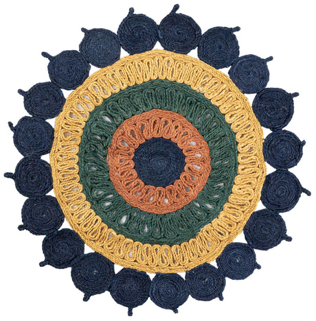 Navy Blue Yellow Green 3' 1 x 3' 1 Braided Jute Round Rug