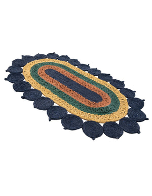 Navy Blue Yellow Green 3' 1 x 5' 1 Braided Jute Oval Rug