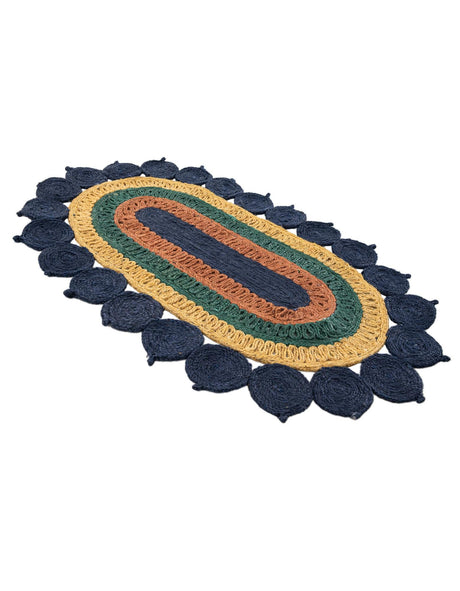 Navy Blue Yellow Green 3' 1 x 5' 1 Braided Jute Oval Rug