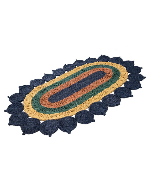 Navy Blue Yellow Green 3' 1 x 5' 1 Braided Jute Oval Rug