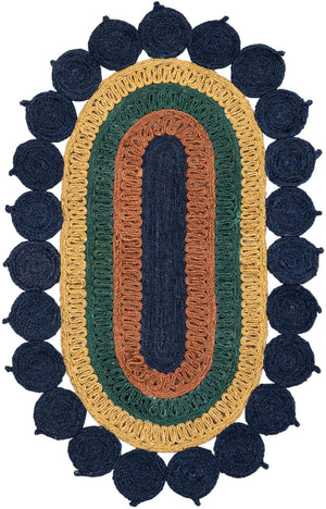 Navy Blue Yellow Green 3' 1 x 5' 1 Braided Jute Oval Rug