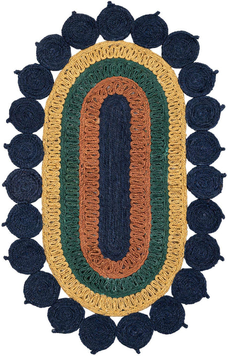 Navy Blue Yellow Green 3' 1 x 5' 1 Braided Jute Oval Rug