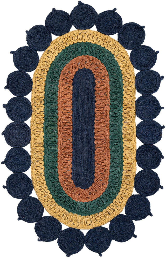 Navy Blue Yellow Green 3' 1 x 5' 1 Braided Jute Oval Rug