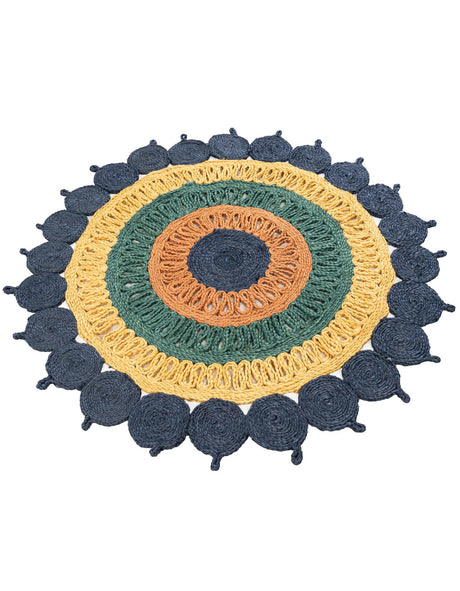 Navy Blue Yellow Green 4' 1 x 4' 1 Braided Jute Round Rug
