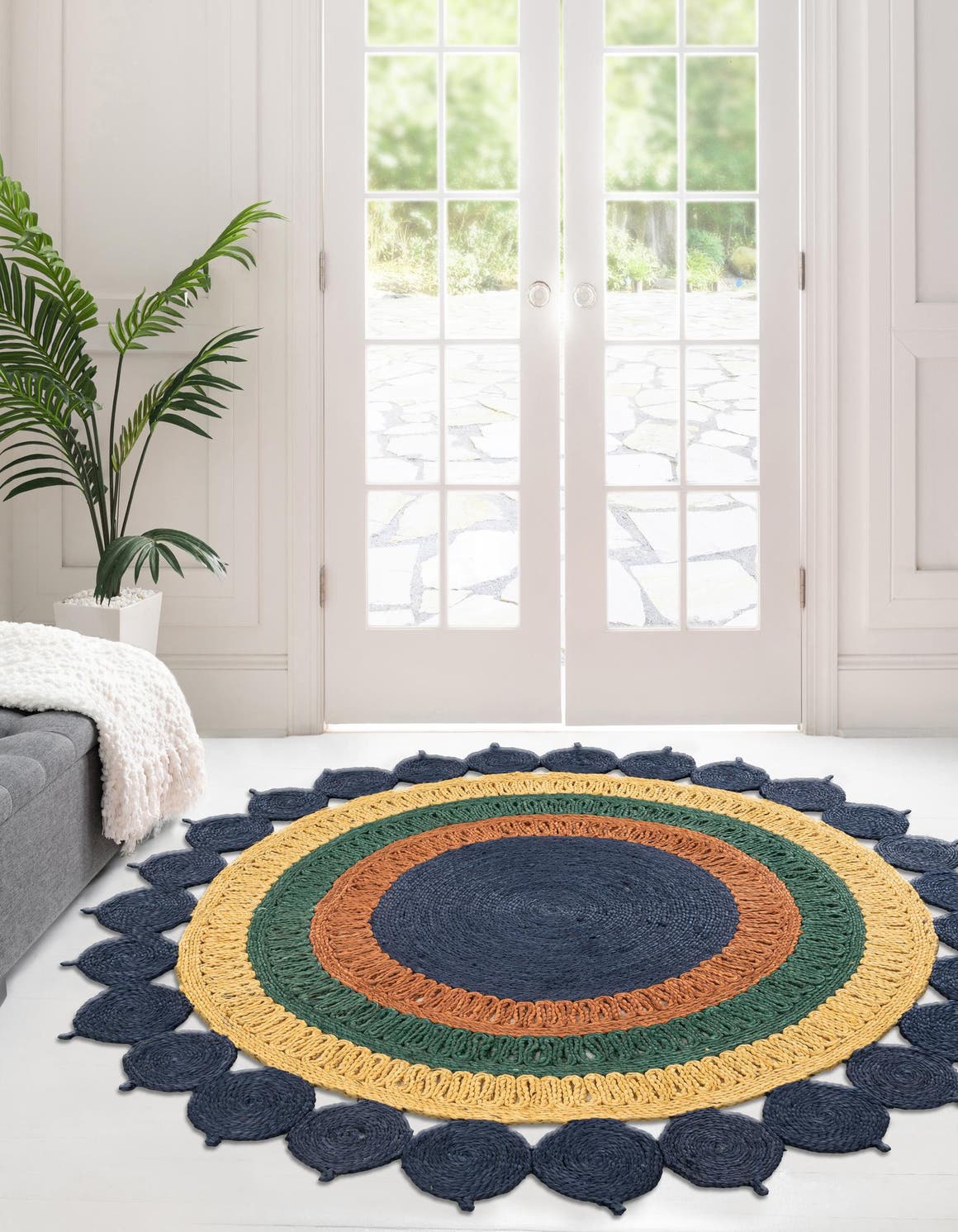 Navy Blue Yellow Green 3' 1 x 3' 1 Braided Jute Round Area Rug 100% Jute Hand Braided Natural Eco-Friendly Boho Style Carpet for Living Rooms Dining Office Space Dorms for Sale at Rug Engine