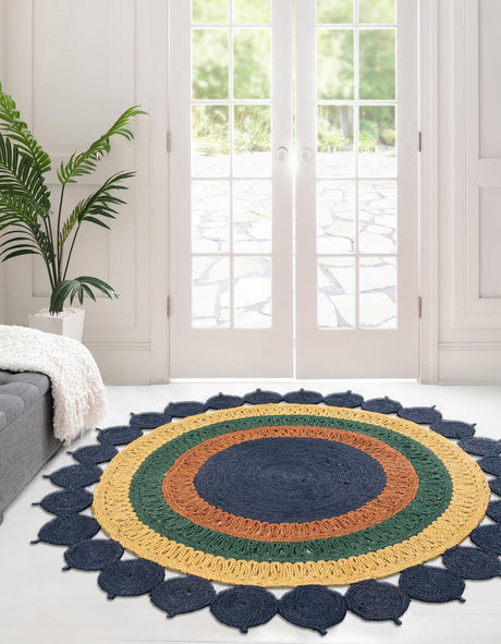 Navy Blue Yellow Green 8' x 8' Braided Jute Round Rug