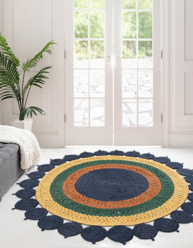 Navy Blue Yellow Green 8' x 8' Braided Jute Round Rug