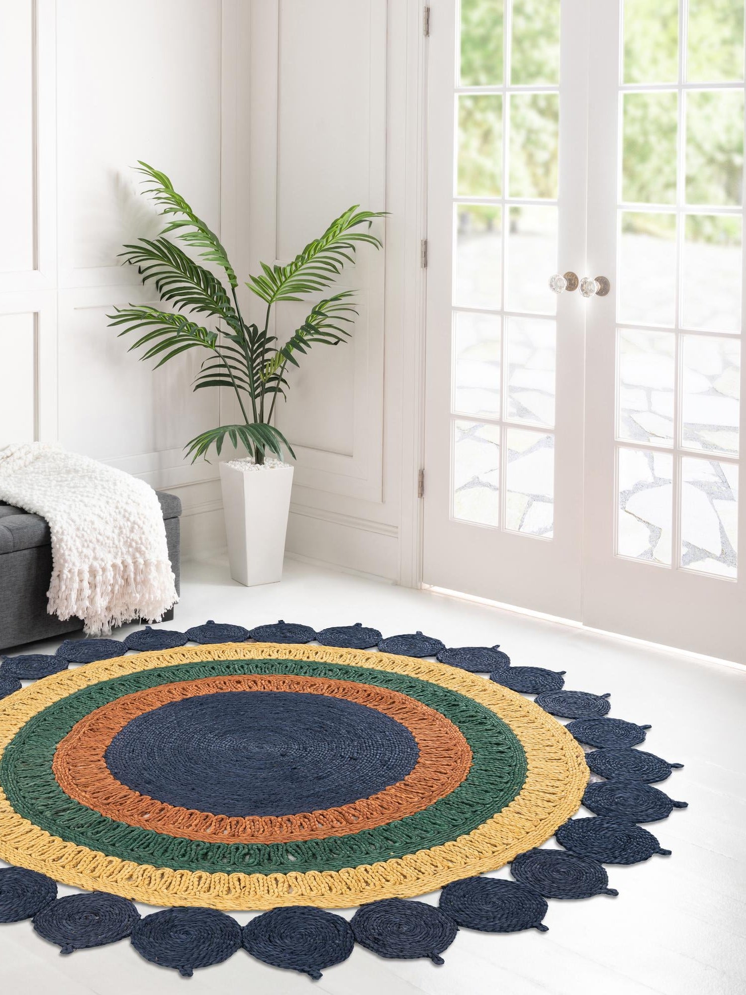 Navy Blue Yellow Green 7' 10 x 7' 10 Braided Jute Round Area Rug 100% Jute Hand Braided Natural Eco-Friendly Boho Style Carpet for Living Rooms Dining Office Space Dorms for Sale at Rug Engine