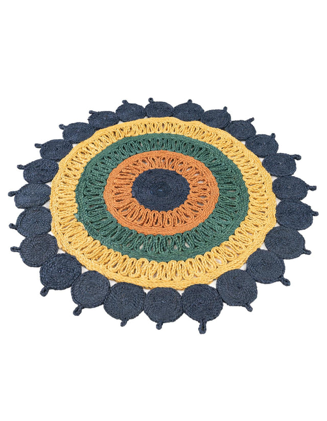 Navy Blue Yellow Green 4' 1 x 4' 1 Braided Jute Round Rug