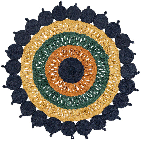 Navy Blue Yellow Green 4' 1 x 4' 1 Braided Jute Round Rug