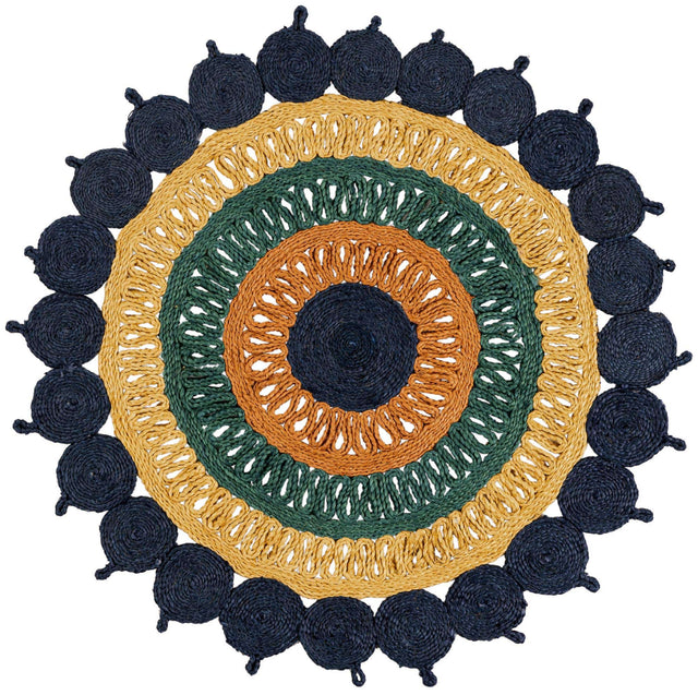 Navy Blue Yellow Green 4' 1 x 4' 1 Braided Jute Round Rug
