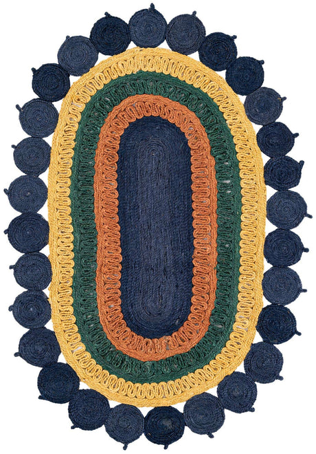 Navy Blue Yellow Green 4' 1 x 6' 1 Braided Jute Oval Rug