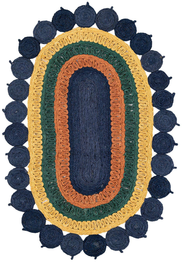 Navy Blue Yellow Green 4' 1 x 6' 1 Braided Jute Oval Rug
