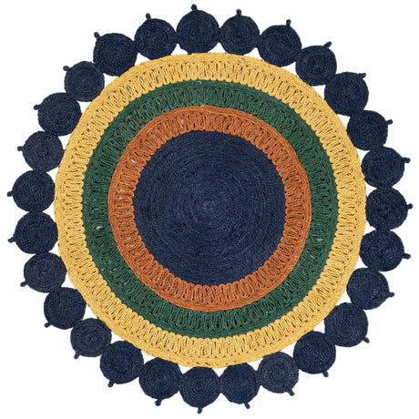 Navy Blue Yellow Green 5' 1 x 5' 1 Braided Jute Round Rug