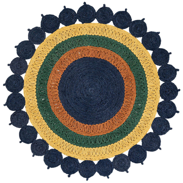 Navy Blue Yellow Green 5' 1 x 5' 1 Braided Jute Round Rug