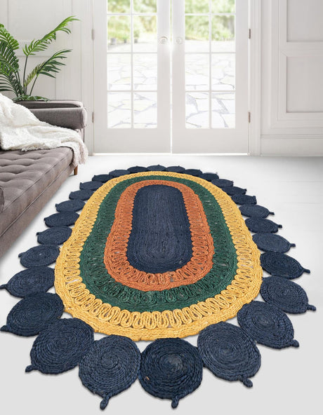 Navy Blue Yellow Green 4' 1 x 6' 1 Braided Jute Oval Rug