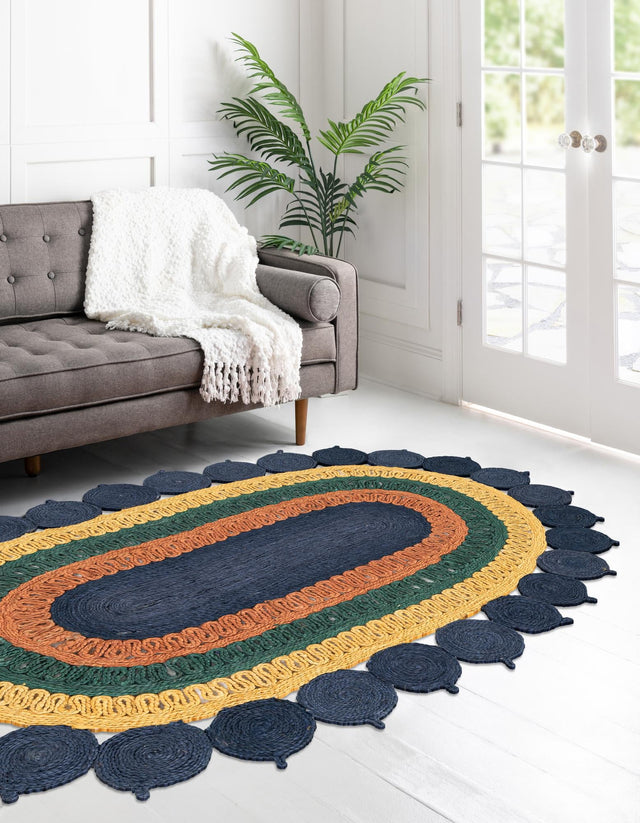 Navy Blue Yellow Green 4' 1 x 6' 1 Braided Jute Oval Rug