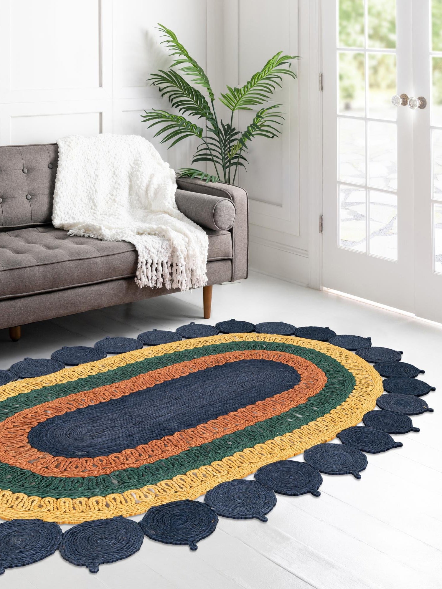 Navy Blue Yellow Green 2' x 3' 1 Braided Jute Oval Area Rug 100% Jute Hand Braided Natural Eco-Friendly Boho Style Carpet for Living Rooms Dining Office Space Dorms for Sale at Rug Engine