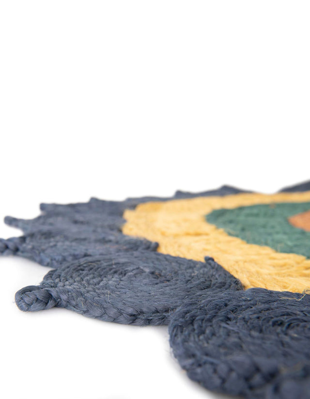 Navy Blue Yellow Green 3' 1 x 5' 1 Braided Jute Oval Rug