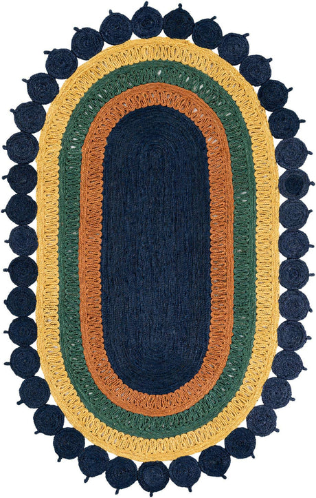 Navy Blue Yellow Green 5' 1 x 8' Braided Jute Oval Rug