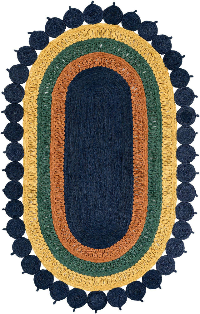 Navy Blue Yellow Green 5' 1 x 8' Braided Jute Oval Rug