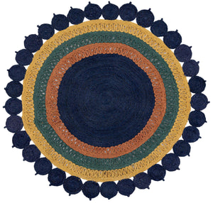 Navy Blue Yellow Green 6' 1 x 6' 1 Braided Jute Round Rug