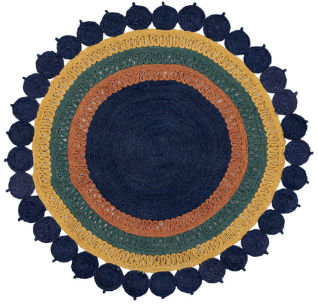 Navy Blue Yellow Green 6' 1 x 6' 1 Braided Jute Round Rug