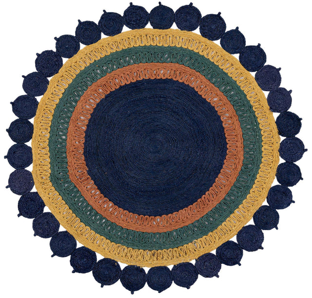 Navy Blue Yellow Green 6' 1 x 6' 1 Braided Jute Round Rug